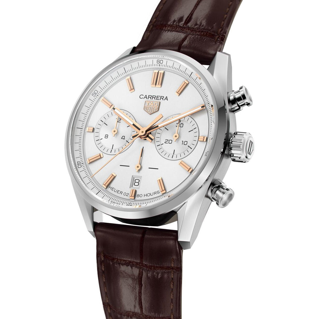 TAG Heuer Carrera Chronograph Men's Calibre Heuer 02 Automatic Chronograph Silver Dial Watch with Leather Strap