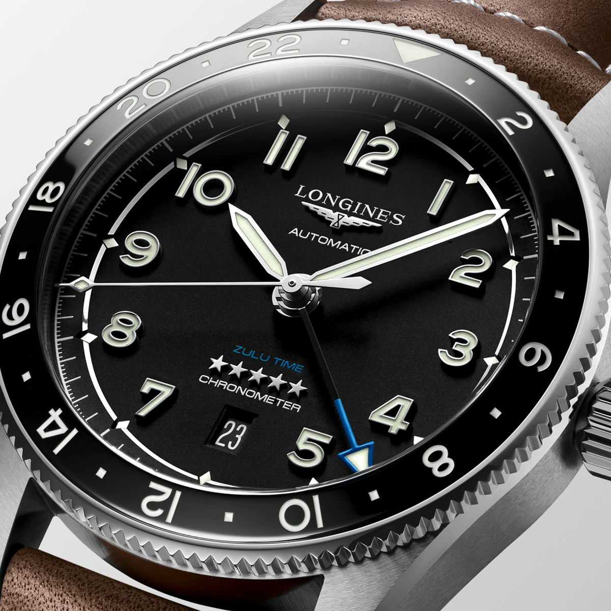 Longines Spirit Zulu Time 42mm Watch with Brown Leather Strap