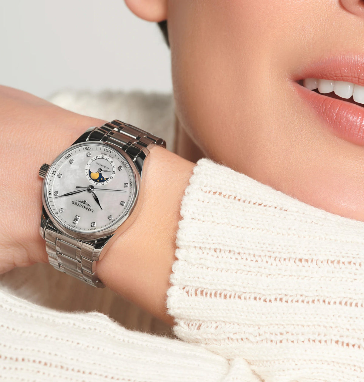 Longines Master Moonphase 34mm Watch with Mother-of-Pearl Dial