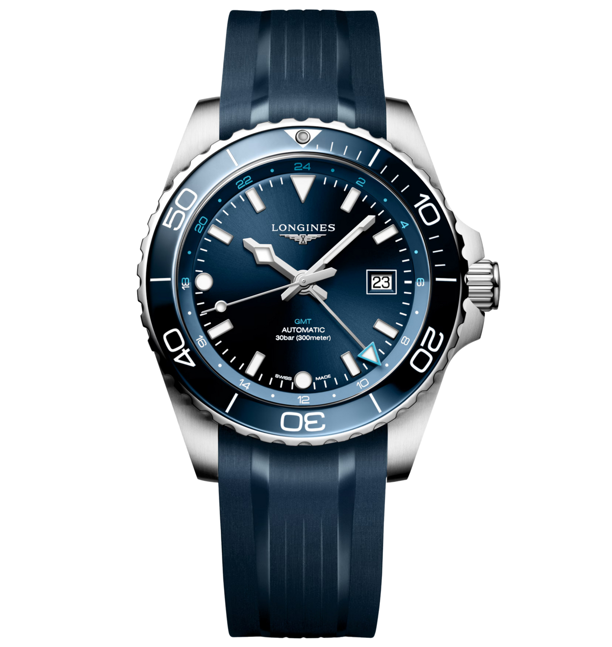 Longines Hydroconquest GMT 43mm Watch with Rubber Strap