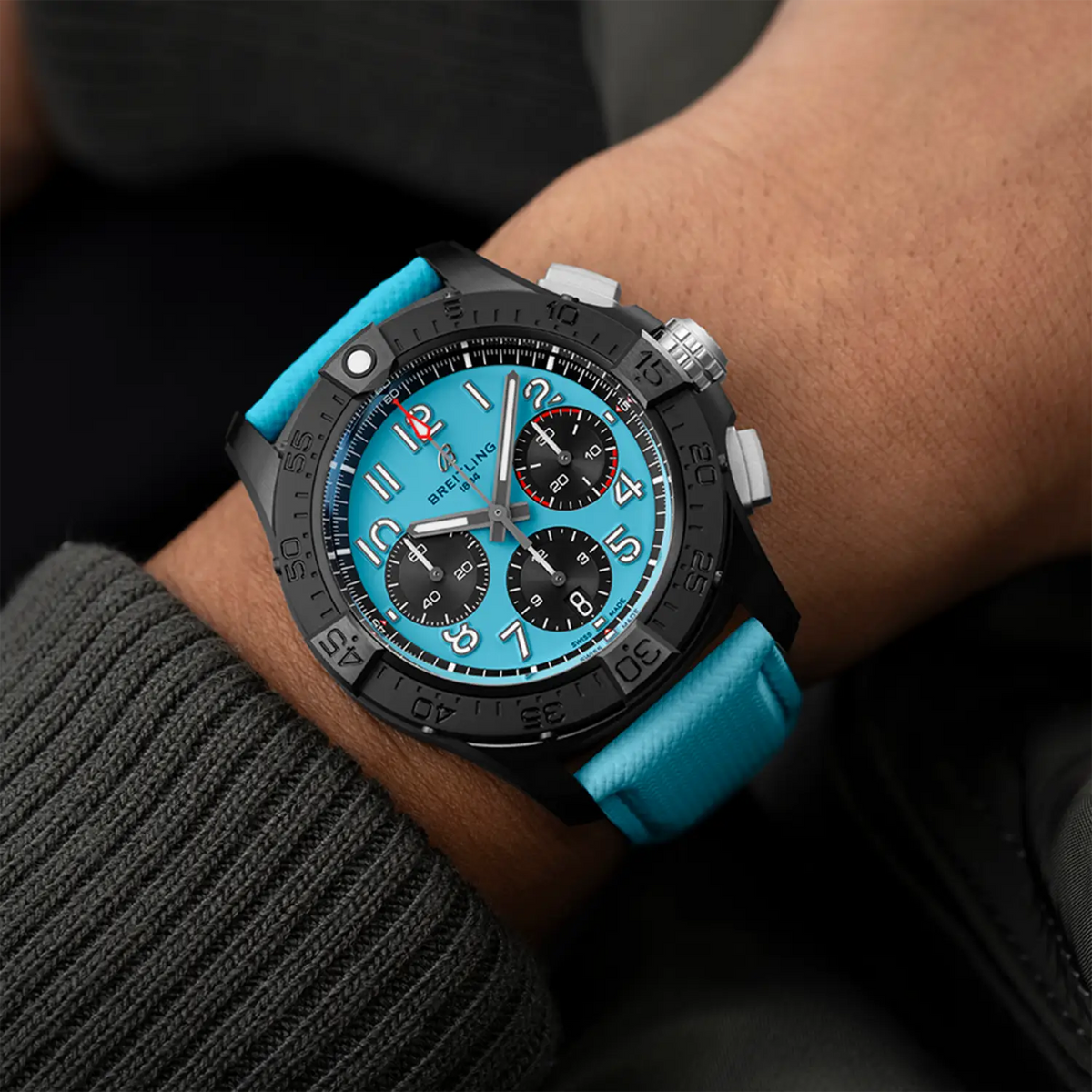 Breitling Avenger B01 Chronograph 42 Night Mission Watch with Turquoise Strap