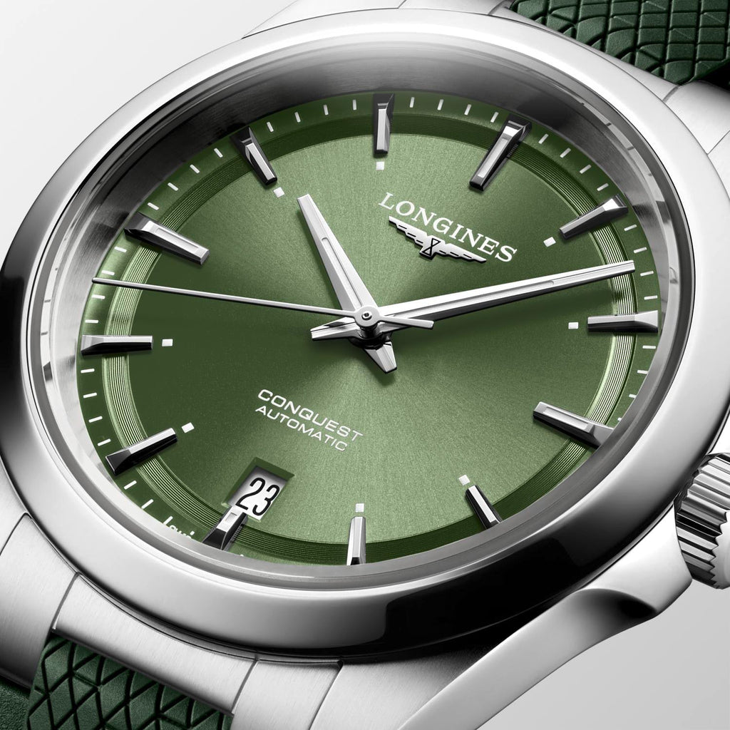 Longines Conquest 38mm Watch with Green Rubber Strap