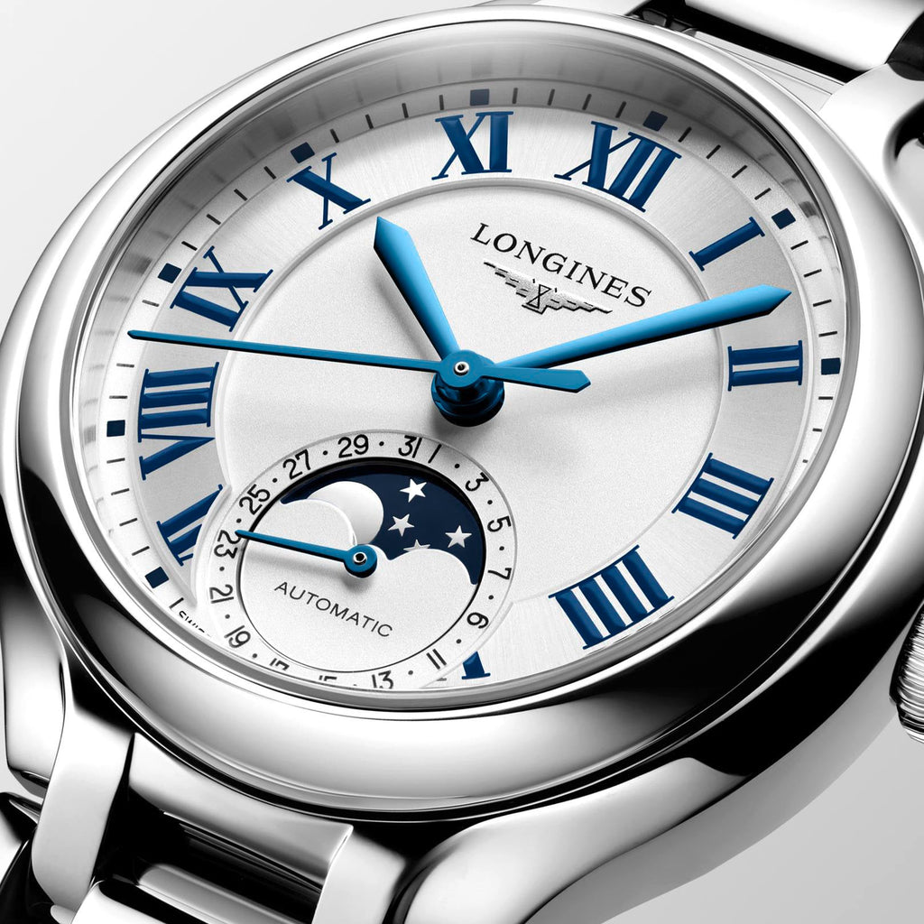 Longines PrimaLuna Moonphase 34mm Watch with Stainless Steel Bracelet