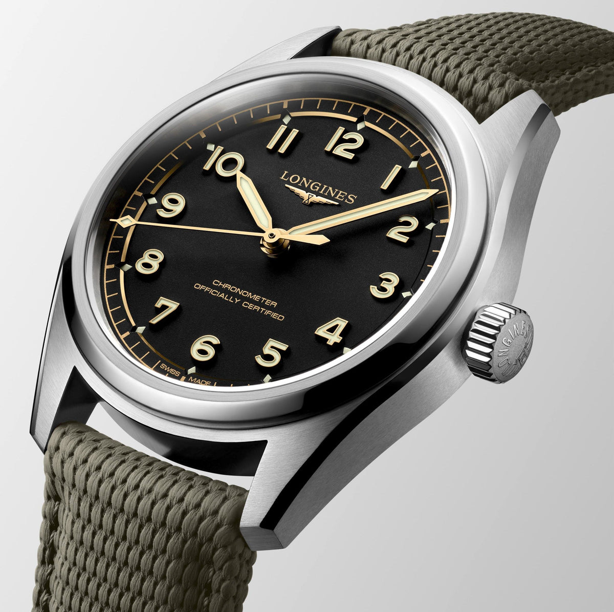 Longines Spirit Pilot 39mm Watch with Green Rubber Strap