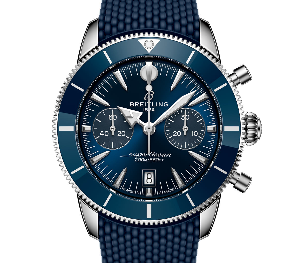 Breitling Superocean Heritage B01 Chronograph 42 Watch with Blue Mesh Rubber Strap