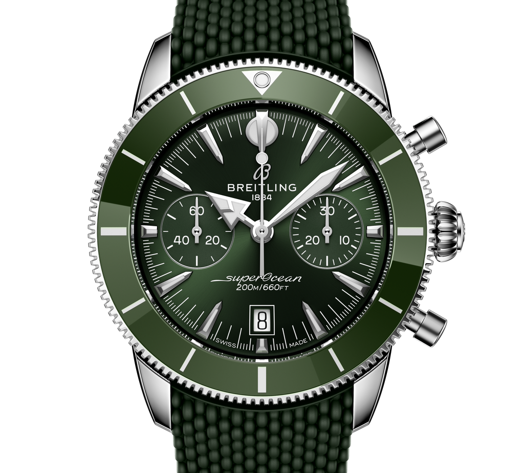 Breitling Superocean Heritage B01 Chronograph 42 Watch with Green Mesh Rubber Strap